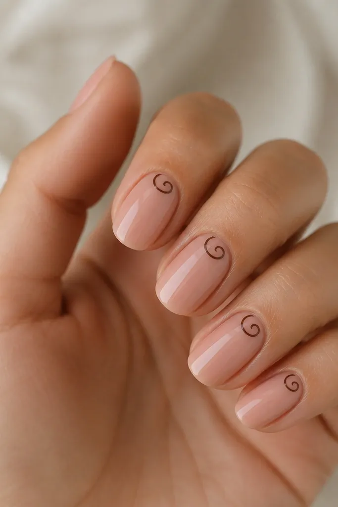 A nude pink base with a glossy finish. Near each cuticle, a thin chocolate-brown swirl curls outward like a small ribbon. The swirl is small and centered, not covering the whole nail.