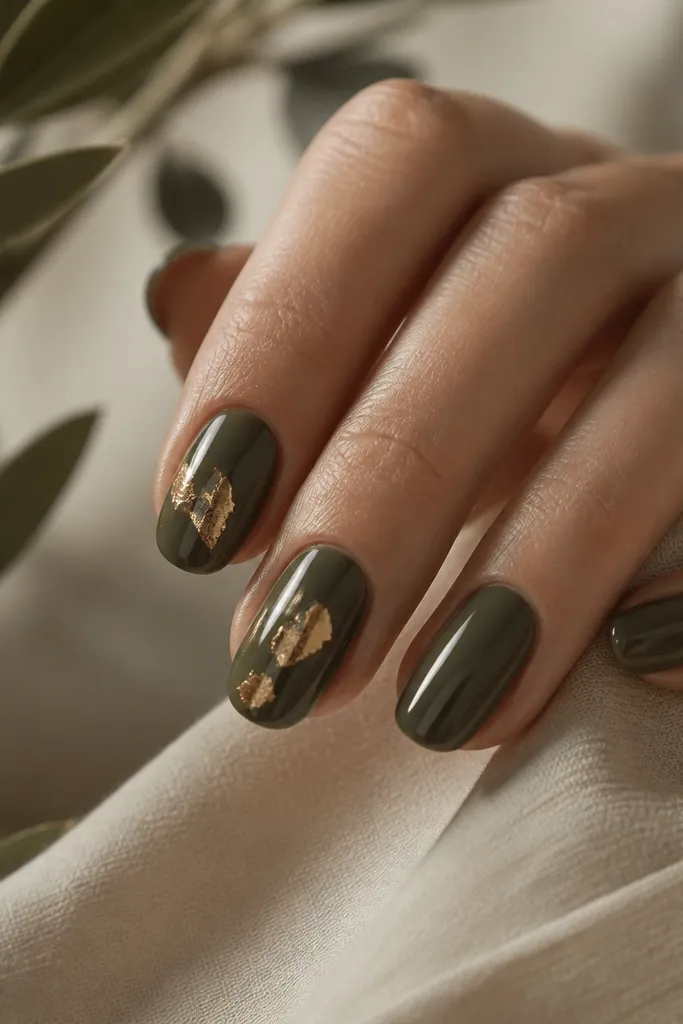 Deep olive-green nails with a glossy finish. On two nails, irregular pieces of gold leaf sit near the center-left, catching light. The gold leaf looks layered and slightly imperfect, like real leaf.