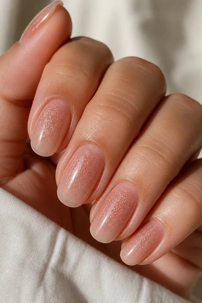 Sheer nude nails with a light veil of cinnamon micro-glitter concentrated toward the center and fading toward the tip. The glitter is fine, not chunky, and the nails look glossy.