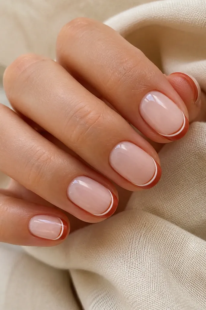 Short oval nails with a milky nude base. A terracotta French tip sits at the edge. Underneath the terracotta line, there's a very thin white stripe running parallel to the tip.