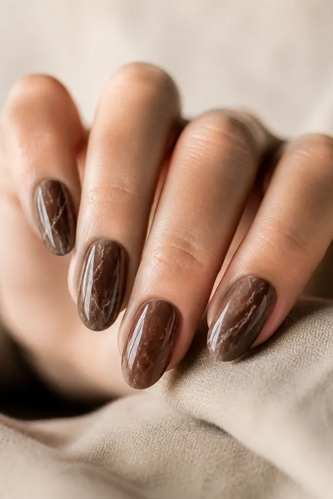 Medium almond nails with a mocha-brown base. Veins look like marble: thin, irregular lines in a slightly lighter brown and clear gel, giving a glassy marble effect.