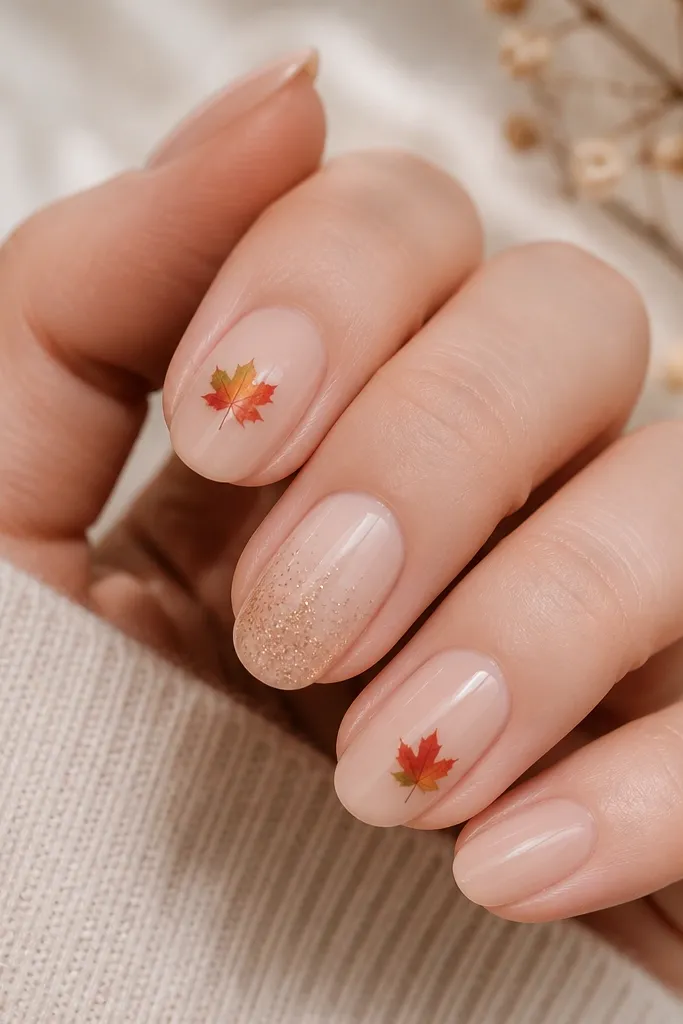 Nude nails in a glossy finish. On two nails, a single small maple leaf sits near the cuticle in warm red-orange with a tiny green highlight. One nail has a soft copper glitter gradient.