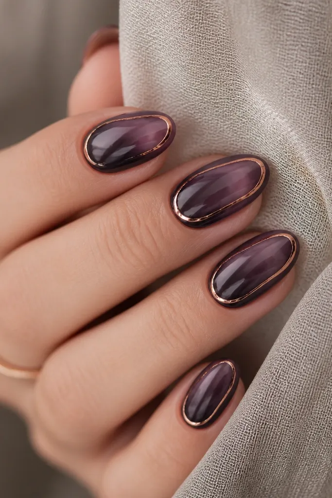 Glossy smoky plum nails. On each nail, a thin copper line traces a curved border around the design area, like a partial frame. The copper line looks metallic and reflective.