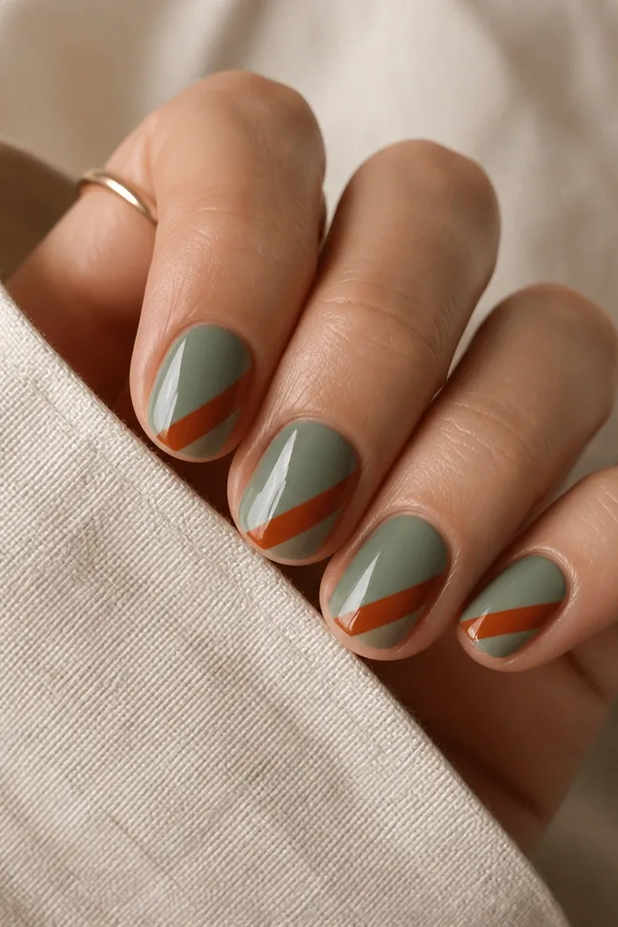 Short rounded nails with a sage green base. A diagonal rust-orange stripe runs from the lower left corner toward the upper right, with crisp edges. The nails are glossy.