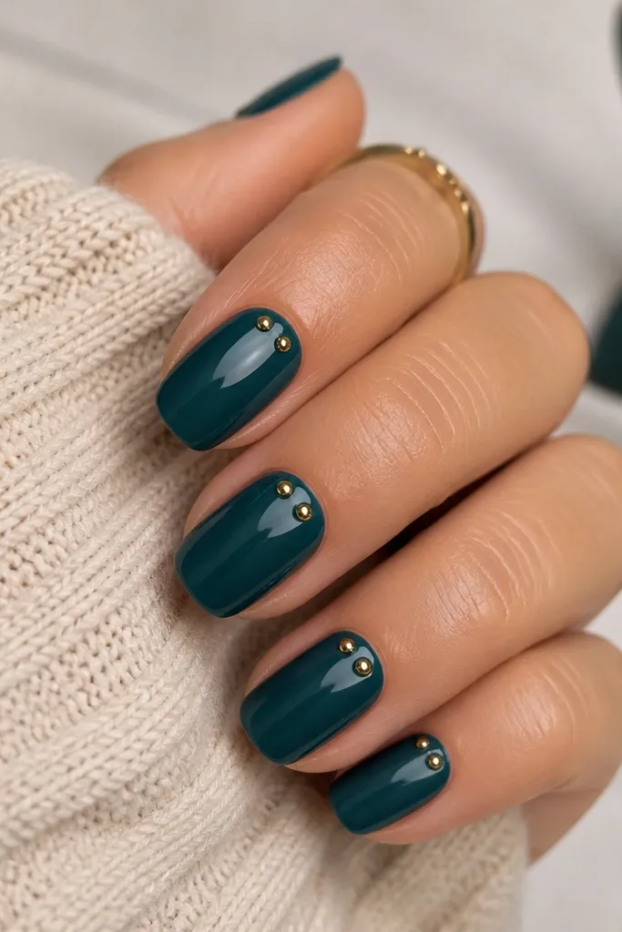 Deep teal nails with a glossy finish. Each nail has two tiny gold studs placed close together at the cuticle center, like a small double-dot cluster.