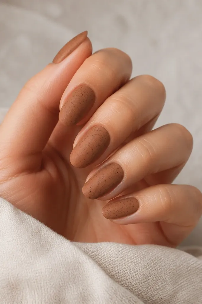 Matte caramel-brown nails. Over the matte base, there are fine speckles in darker chocolate brown scattered across the surface, concentrated toward the center.