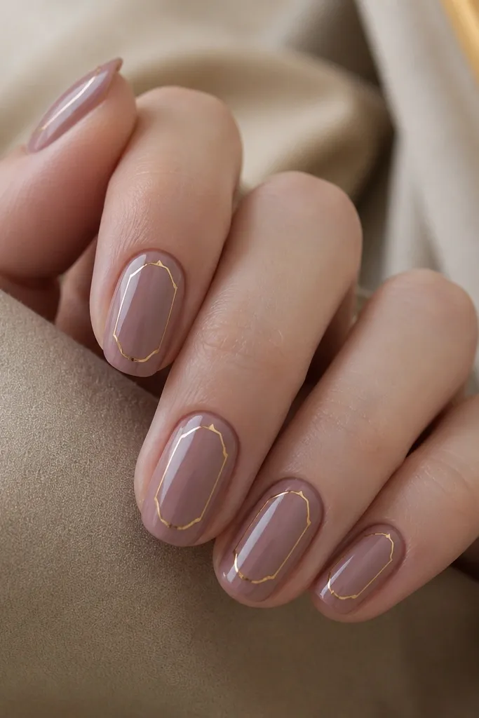 Vintage mauve nails in a glossy finish. Around the center of each nail, there is a thin copper half-frame line that curves like an incomplete rectangle, leaving gaps near the cuticle and tip.