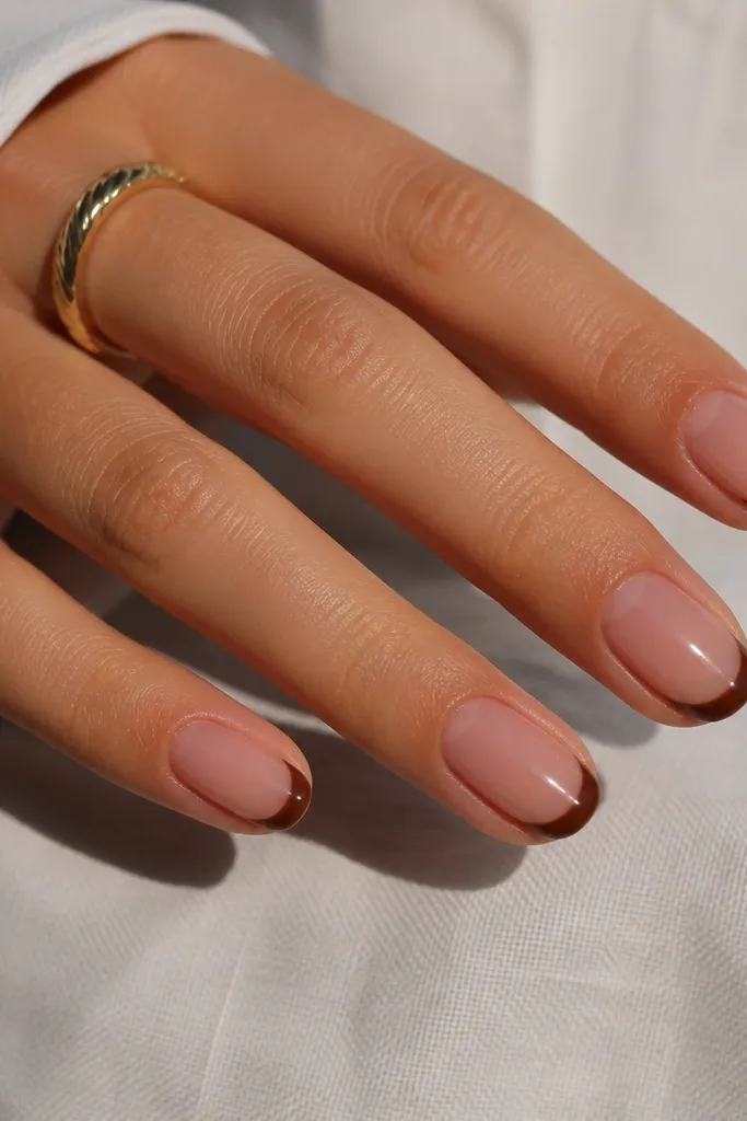 Short oval nails with a sheer rosy base. The tips are painted a classic chocolate brown French line, crisp and even, with a glossy finish.