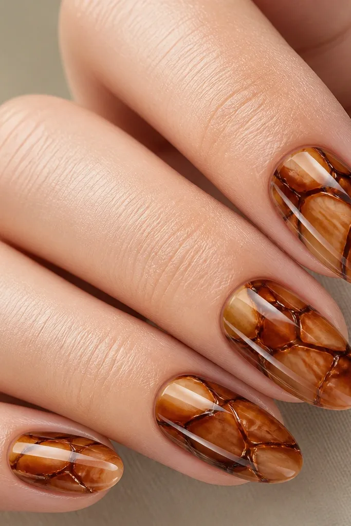 Close-up of nails in soft almond shape with a warm honey caramel base and dark chocolate crack lines. The pattern looks like translucent shell pieces with a high-gloss shine.