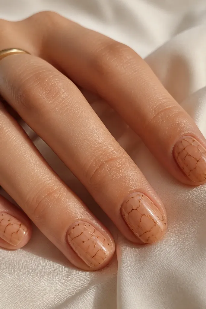Short, neatly shaped nails with tiny, thin tortoise cracks. The base is honey nude and the crack lines are very narrow, creating a delicate shell pattern with glossy finish.