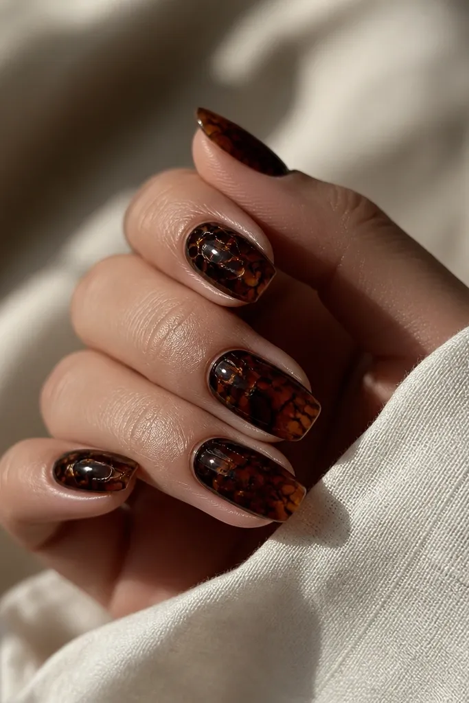 Medium-length nails with a deeper base brown and near-black crack lines. The shell pattern looks high-contrast and glossy, like dark amber under light.