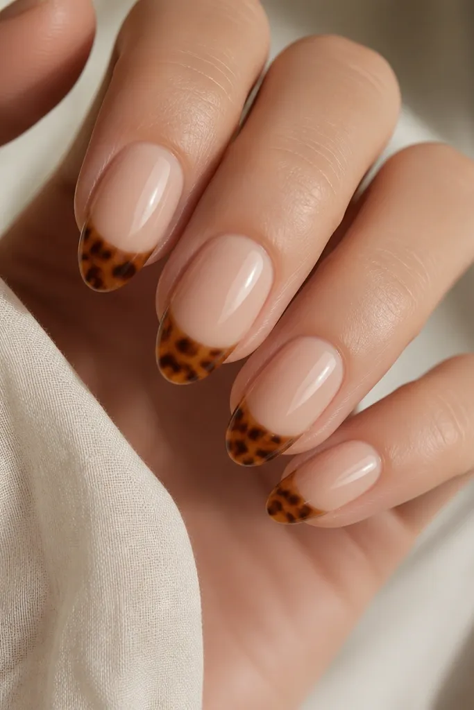 A nude base with tortoise shell pattern only on the tips. The cracks sit near the free edge, and the rest of the nail is clean and glossy.