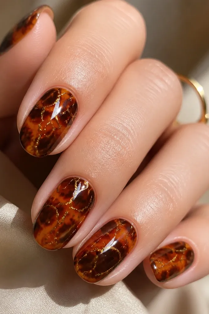 Amber-brown tortoise nails with thin gold micro-glitter lines following the crack pattern. The shine is glossy and the gold sparkles under light.