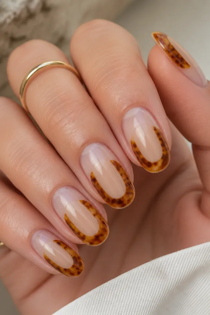 Nails with a sheer nude base but the area near the cuticle stays clear. Tortoise crack pattern sits in a band across the nail, forming a frame effect.