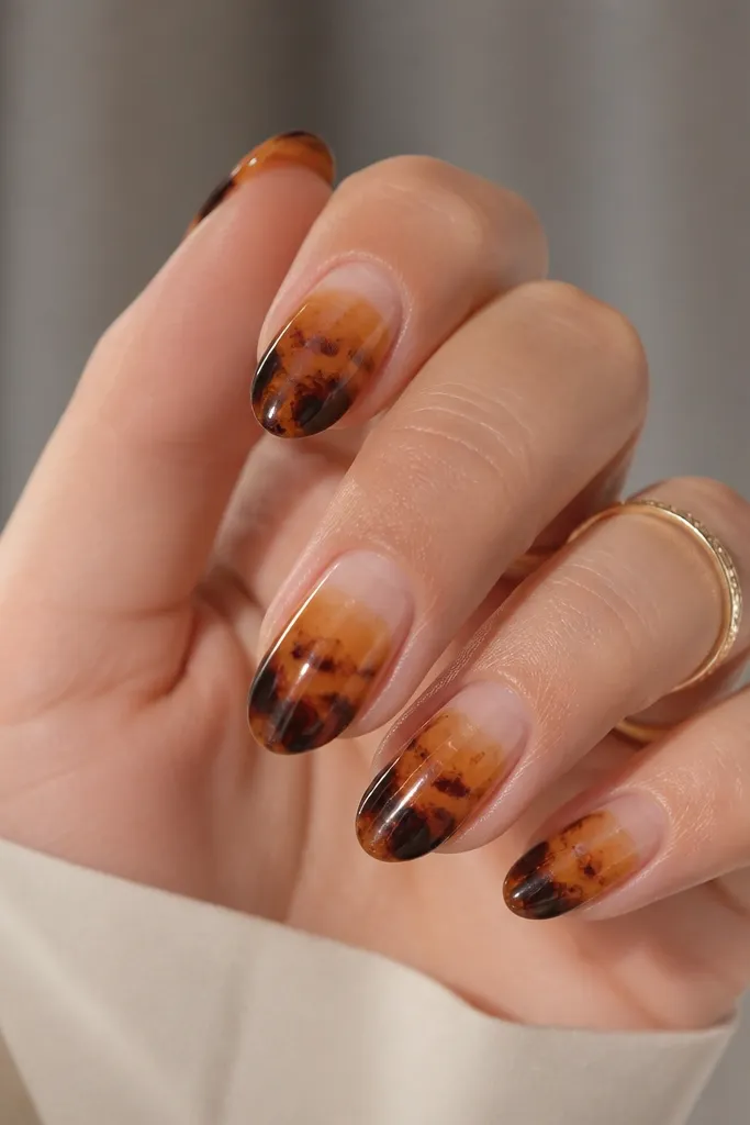 Nails with a tortoise shell pattern that fades lighter toward the cuticle. The lower half has darker chocolate cracks, and the upper half looks like soft amber over nude.