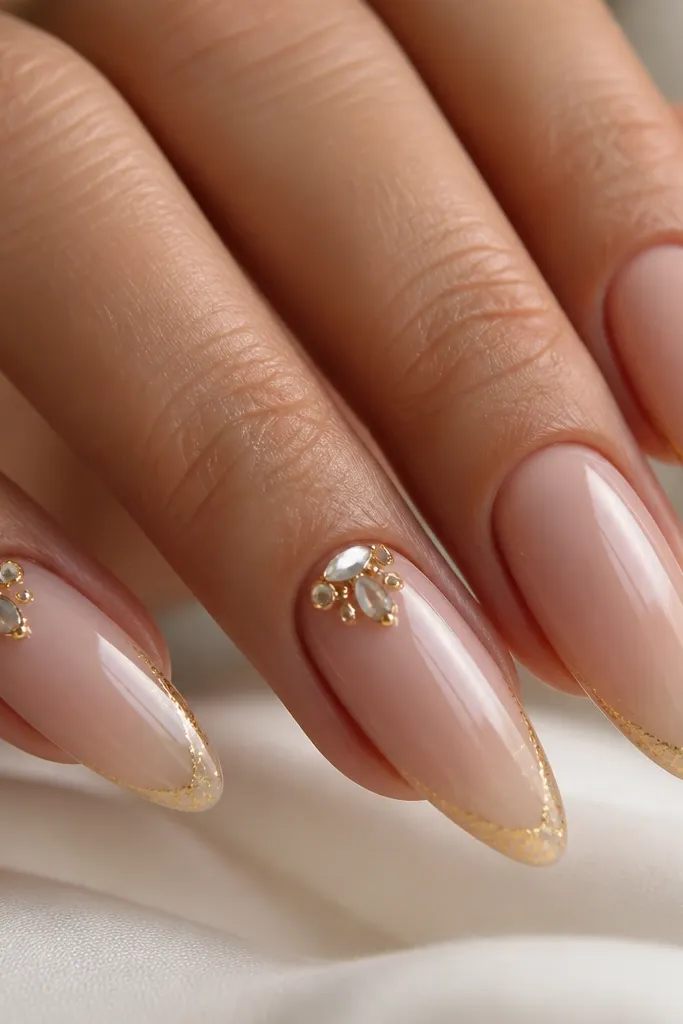 Close-up of long almond nail extensions in a sheer nude base. The tips have a thin gold foil line and tiny gold micro glitter specks. Two nails show small kundan-style gold stones near the cuticle area, all under a glossy top coat.