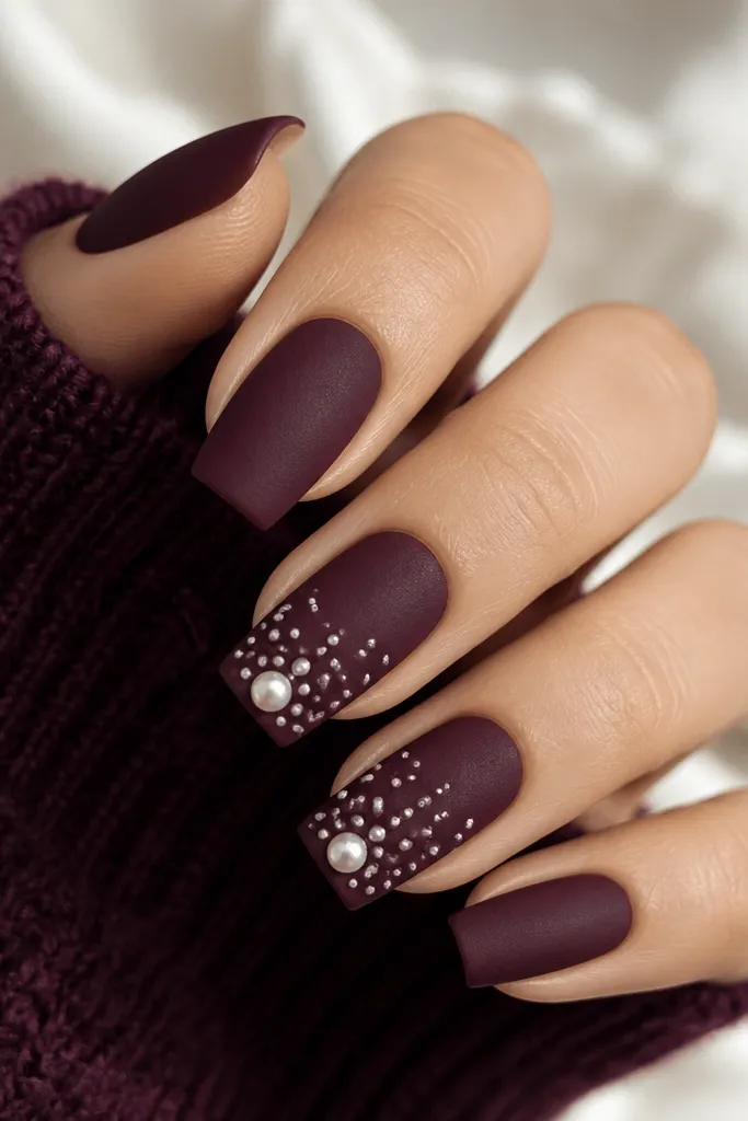 Long squoval nails with a deep maroon near-wine base finished in a soft velvet-matte. The tips have a gradient of tiny pearl beads leading to one larger pearl at the center on two accent nails. Glossy top coat only on the pearls for contrast.