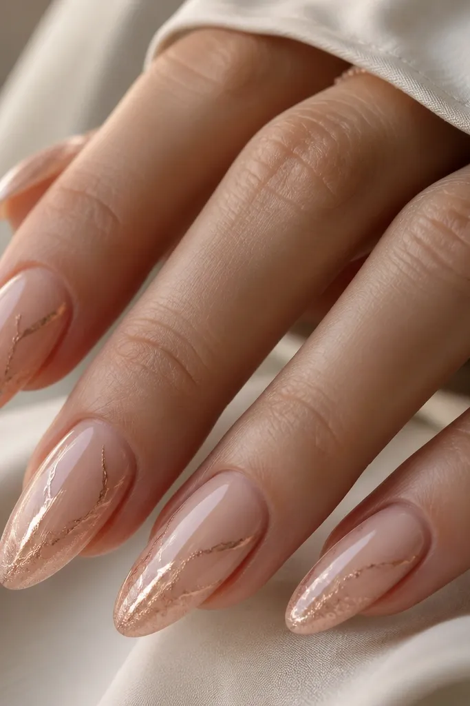 Almond nails in a champagne sheer base. Thin rose-gold foil lines run like marble veins from mid-nail toward the tips. The tips have a soft shimmer dusting, and the overall finish is glossy.