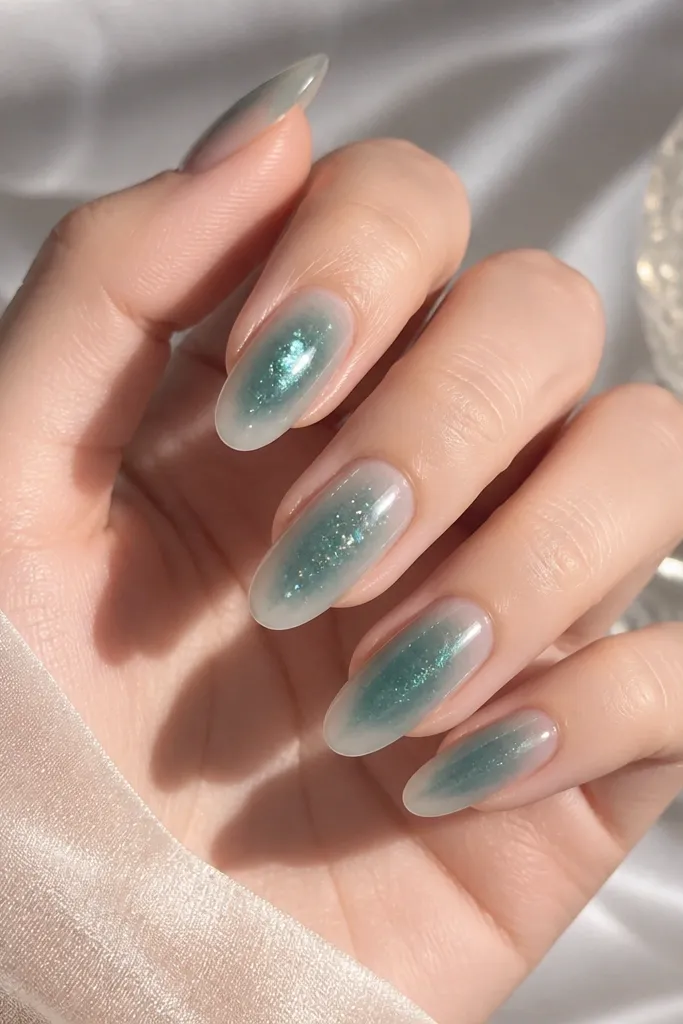 Medium-long almond nails with a sheer teal-green aura gradient around the center of the nail. The tips stay semi-sheer while silver holographic specks float in the aura area. A glossy top coat makes the specks sparkle.