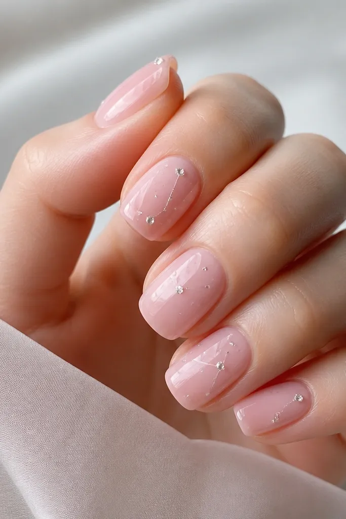 Short-to-medium squoval nails with an ice pink glossy glaze. Each nail has tiny clear crystals placed like small constellations - a few dots near the center and one near the tip on accent nails. The crystals catch light with a clean, airy look.