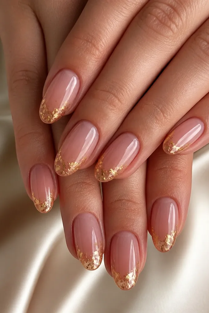 Almond nails with a sheer rosy nude base. The tips have uneven gold leaf pieces layered like broken foil, with a very thin gold shimmer haze near the edges. Glossy finish across all nails.
