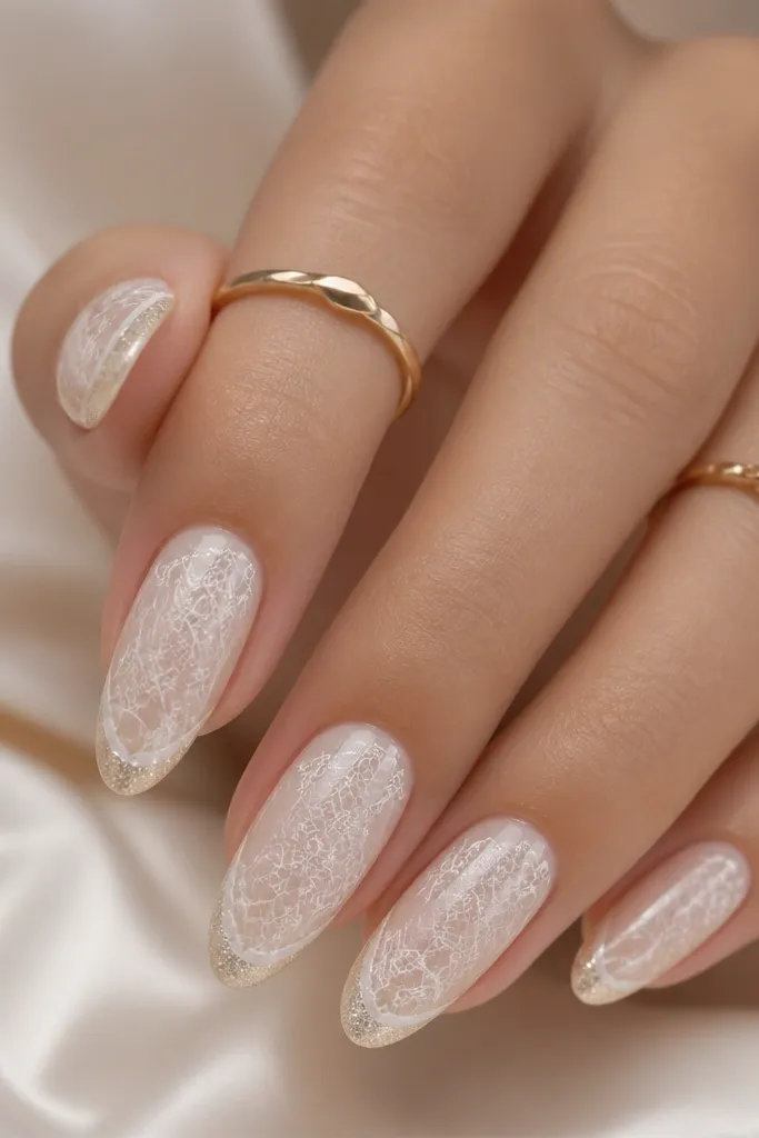 Medium-long almond nails with an ivory sheer base. A lace-like overlay pattern runs along the nail, and the tip has a micro glitter French line. The lace is semi-transparent, and everything is glossy and smooth.