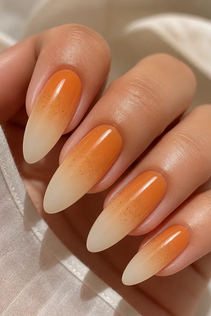 Long almond nails with a saffron-to-cream ombre starting from the cuticle. The tips fade into sheer cream with a soft gold spark dust sprinkled near the transition line. Glossy finish keeps the ombre glowing.