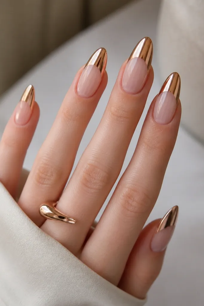 Almond nails with a clear nude center. The tips are rose-gold mirror metal, sharply defined with a straight line across the nail. The overall look is glossy, with a mirror shine at the tips and soft transparency in the middle.
