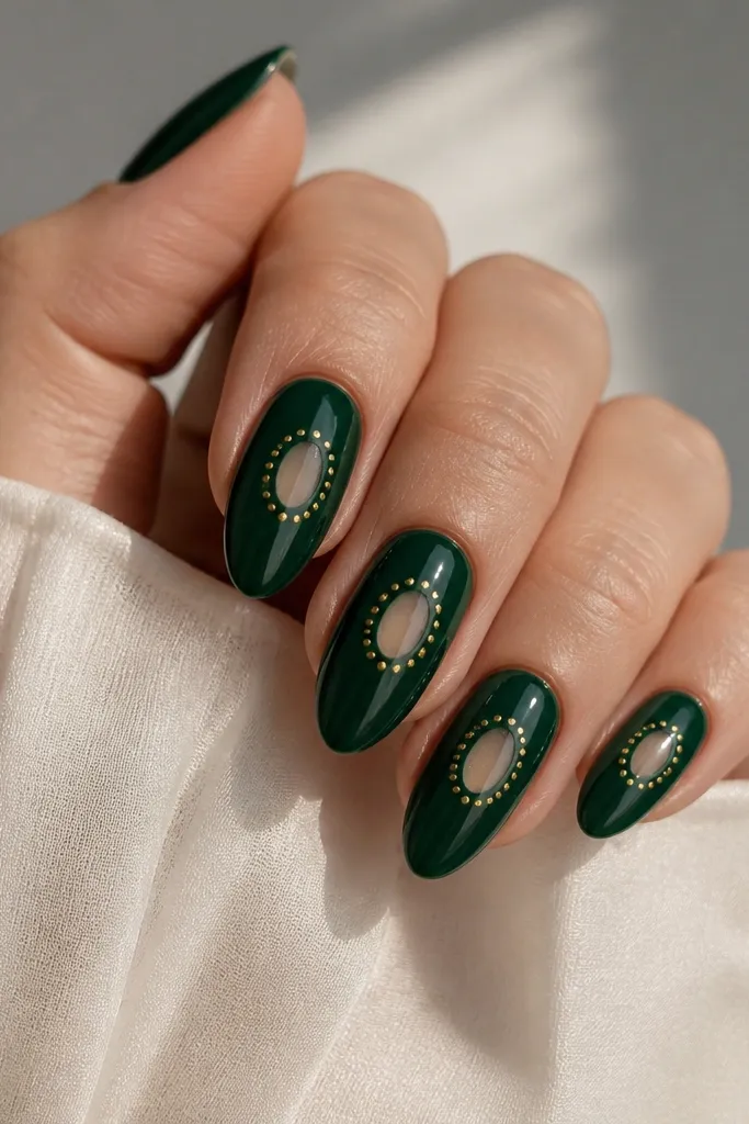 Almond nails with a deep emerald base that covers most of the nail, but a small negative space window sits near the center. Around the window, tiny gold dots form a halo. The nails are glossy, and the negative space is clear.