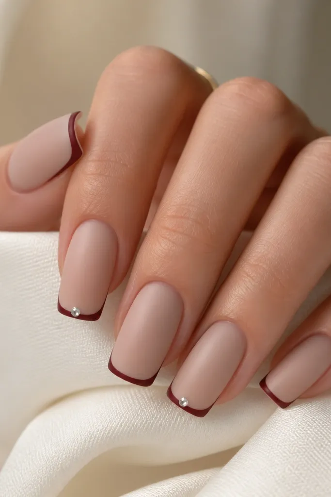 Long squoval nails in a satin nude finish. A thin maroon thread French line curves at the tip, and tiny clear studs sit at the ends of the French line on two accent nails. Everything is smooth and glossy only at the stud area.