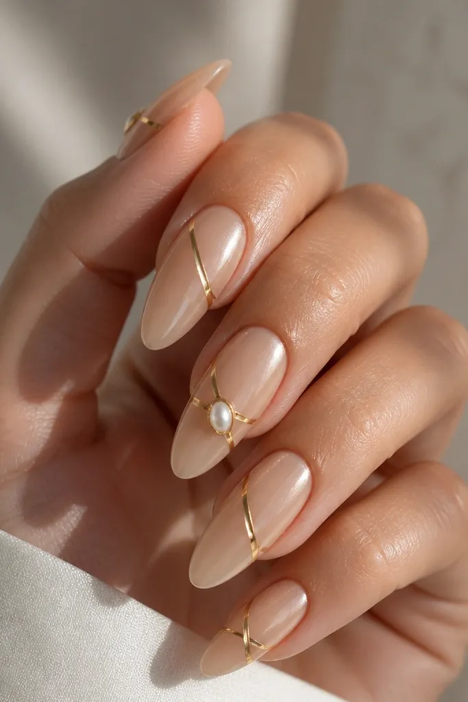 Long almond nail extensions in a milky butterscotch nude. Each nail has a glossy pearl sheen, with two thin temple-style gold bands wrapping diagonally near the cuticle and mid-nail. One accent nail has a tiny teardrop pearl centered where the bands cross. The gold lines look like fine foil strips under a clear top coat.