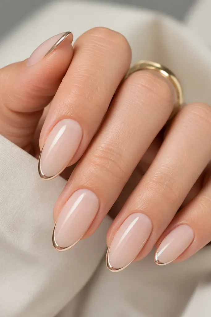 A set of almond nails in a milky nude base with a glossy top coat. The tips have a thin reflective liquid-chrome line running along the free edge, like a silver-gold gradient strip. The cuticles are clean and the chrome looks smooth, not sparkly or chunky.