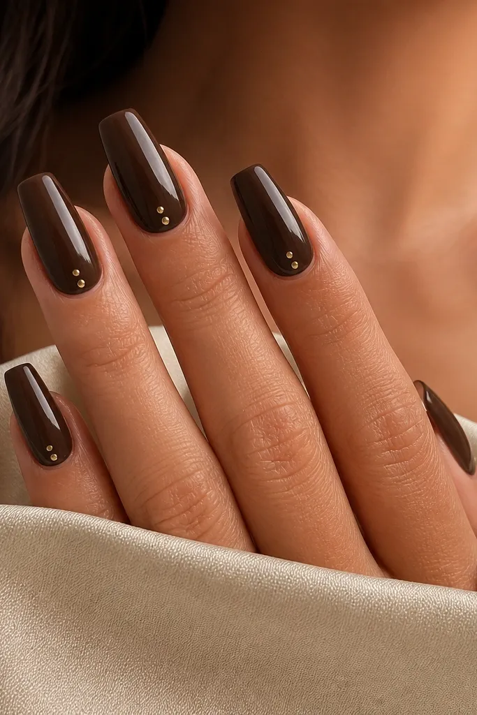 Coffin nails painted a glossy chocolate brown. Near each cuticle, there are one or two tiny gold dots spaced evenly down the nail bed. The rest of the nail is plain and glossy with no extra glitter.