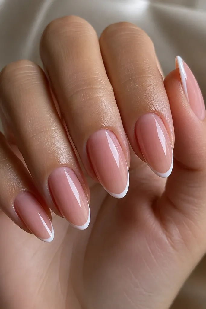 Almond nails with a translucent sheer rose jelly base. The tips have a very thin white French line that curves smoothly and stays narrow. The overall finish looks glossy and jelly-like, with natural nail bed visibility.