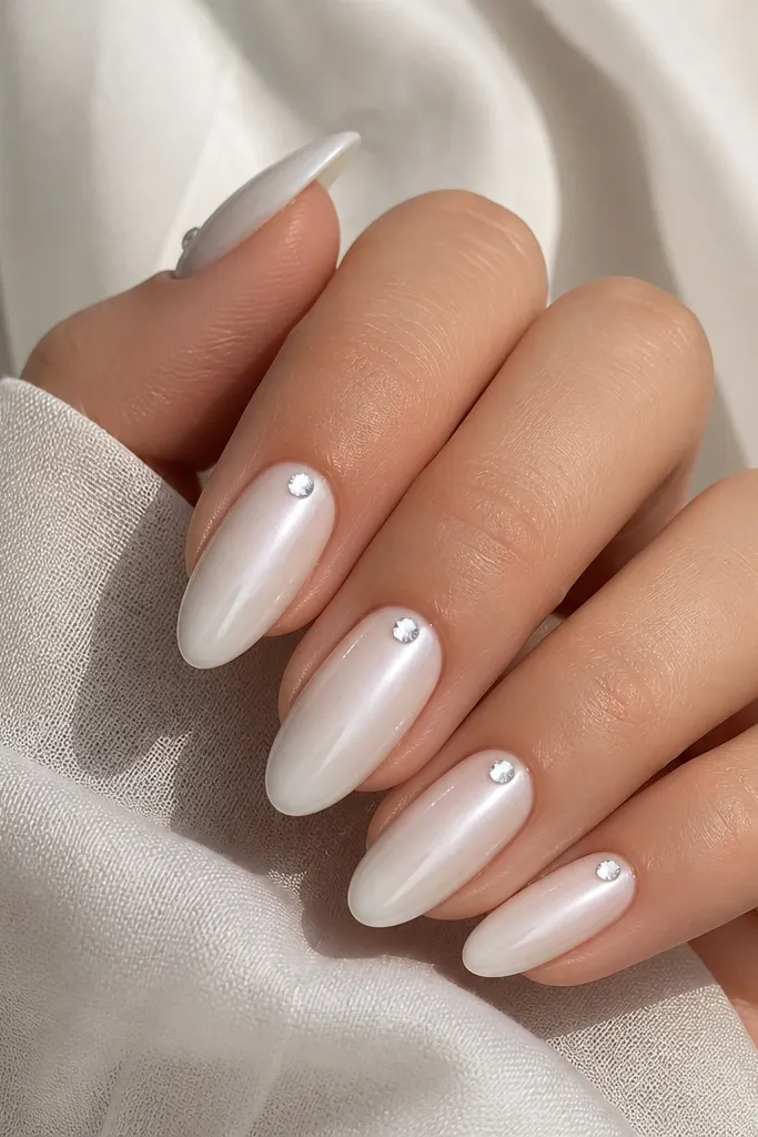 Almond nails in a pearly white gloss. Each nail is clean and glossy, and there's a single tiny clear gem placed right at the cuticle center point. The gem catches light and looks like it's embedded into the polish.