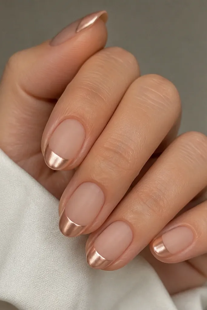 Short almond nails with a nude base. Only the tips are coated in a soft nude-tinted chrome, creating a smooth reflective cap. The rest of the nail stays matte-satin nude, with a clean boundary line between base and chrome tip.