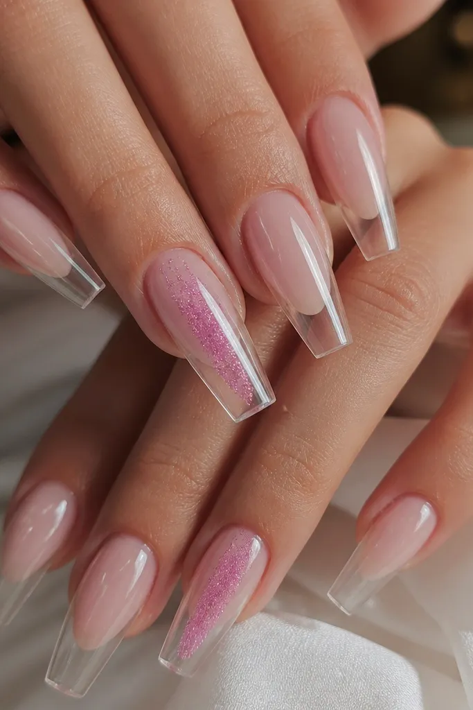 Coffin nails with a clear jelly base that shows nail bed translucence. One or two nails have a concentrated hot pink micro-glitter accent strip near the center, while the other nails stay mostly clear with subtle shine. The glitter is fine and smooth, not chunky.
