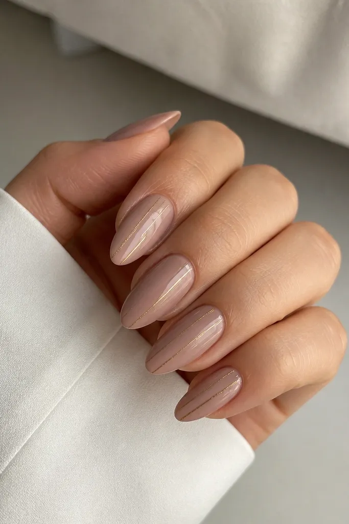 Almond nails painted taupe nude in a glossy finish. There are two ultra-thin gold bar lines on each nail, running vertically from near the cuticle to just above the tip. The lines are straight and parallel, with lots of negative space between them.