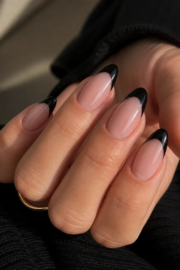 Almond nails with a sheer pink base that looks natural. The tips have a bold black French curve, crisp and even across each nail. The nails are glossy and the contrast between sheer pink and black is sharp.