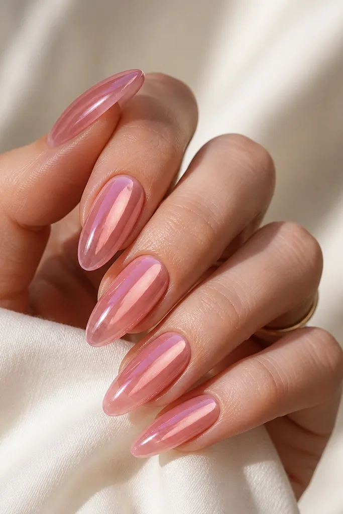 Long almond nails with a translucent pink jelly finish. The center looks slightly clearer, giving a glassy depth, and the surface has a pink chrome shimmer.