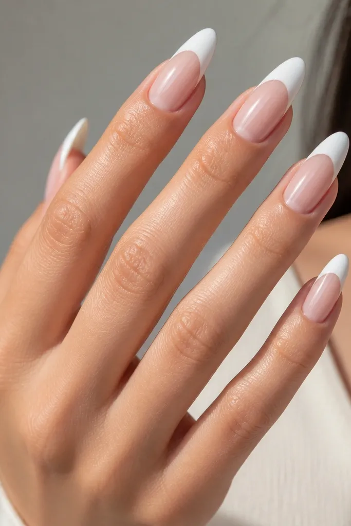 Long almond nails with a milky white French tip. There is a visible thin gap near the cuticle that keeps the base bare and clean, and the finish is glossy.