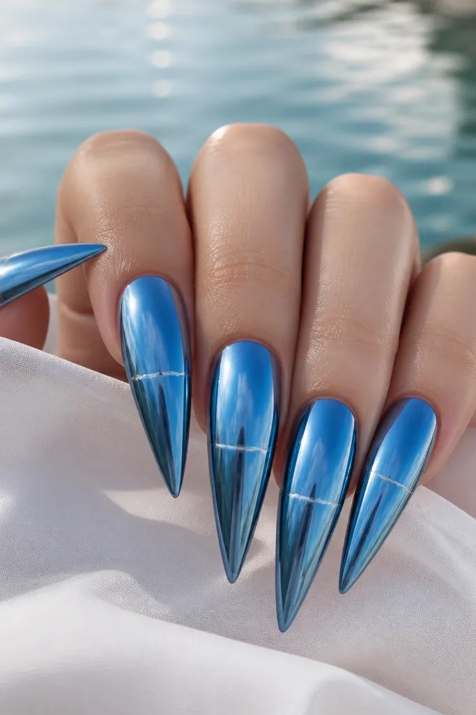 Long stiletto nails coated in ocean-blue chrome. A thin clear line runs horizontally like a waterline across the mid-nail, and the surface is super reflective.