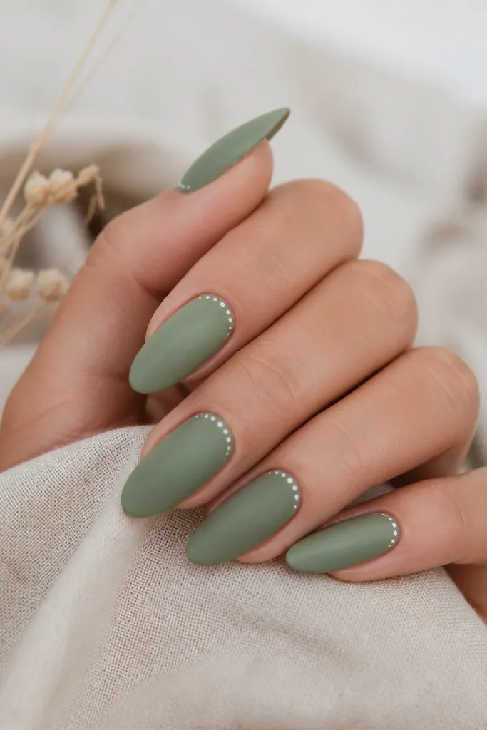 Long almond nails in a soft sage green matte finish. At the cuticle, tiny white dots sit in a line, like a delicate sprinkle, with no gloss.