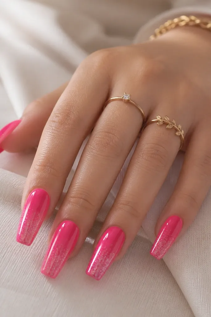 Long coffin nails painted hot pink glossy. Fine micro-glitter fades from the tip upward, creating a soft sparkle gradient.