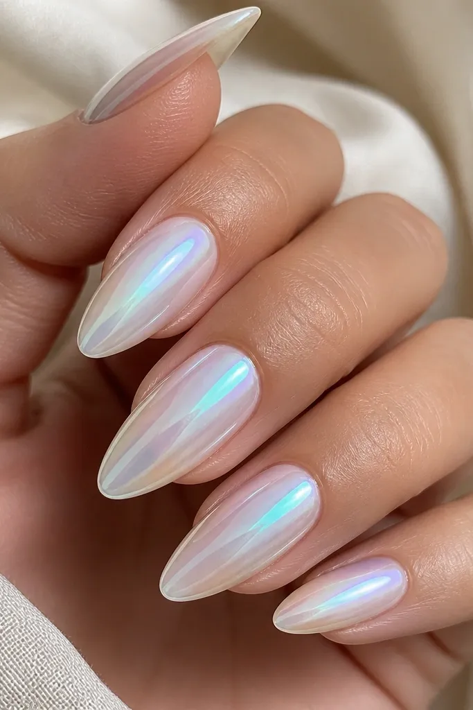 Long almond nails with pearl white opal chrome. The center looks pearly and color-shifting, while the sidewalls show a thin clear edge line.