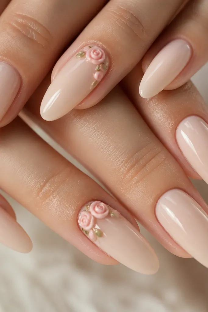Long nude almond nails with glossy creamy base. On two accent nails, 3D pink rosebud clusters sit near the cuticle, with tiny leaf details.