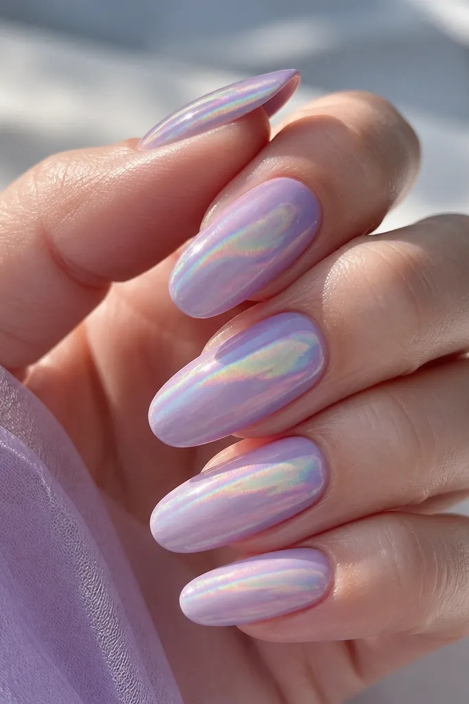 Long glossy lilac-lavender nails with an aurora foil swirl across the center. The swirl has rainbow shift tones over the purple base.