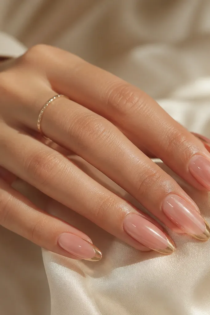 Long nails in clear jelly pink. The tips have a gold half-moon shape at the very edge, and the rest is see-through glossy.