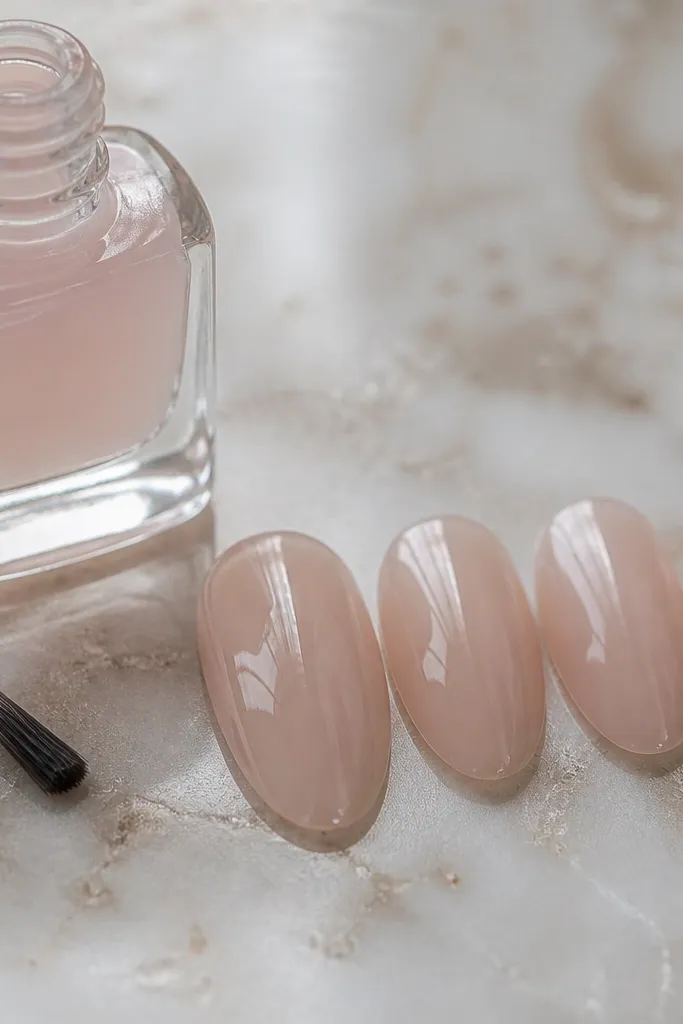 A set of short, almond nails coated in a milky nude jelly color with a glossy, wet-look shine. The nails look smooth with no nail art except a clean, even cuticle edge.