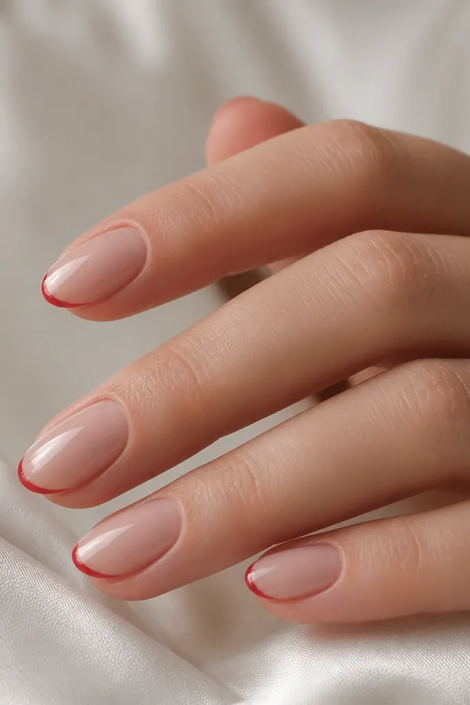Short to medium almond nails with a sheer nude base. Only a thin micro-French line of glossy cherry red sits at the tips, perfectly straight and centered.